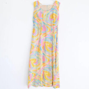 Yellow Teal Pink Tie Dye Sleeveless  Sunset Rainbow Cloud Flowy Maxi Dress M